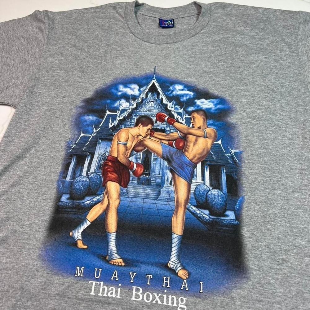T&M Two Muaythai Thai Boxing Graphic Tee Mens Heather Gray Vintage Shirt